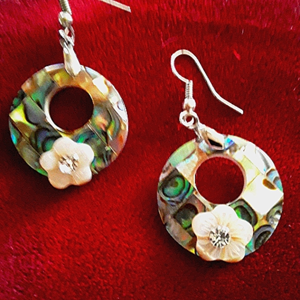 Abalone shell white flower dangle earrings